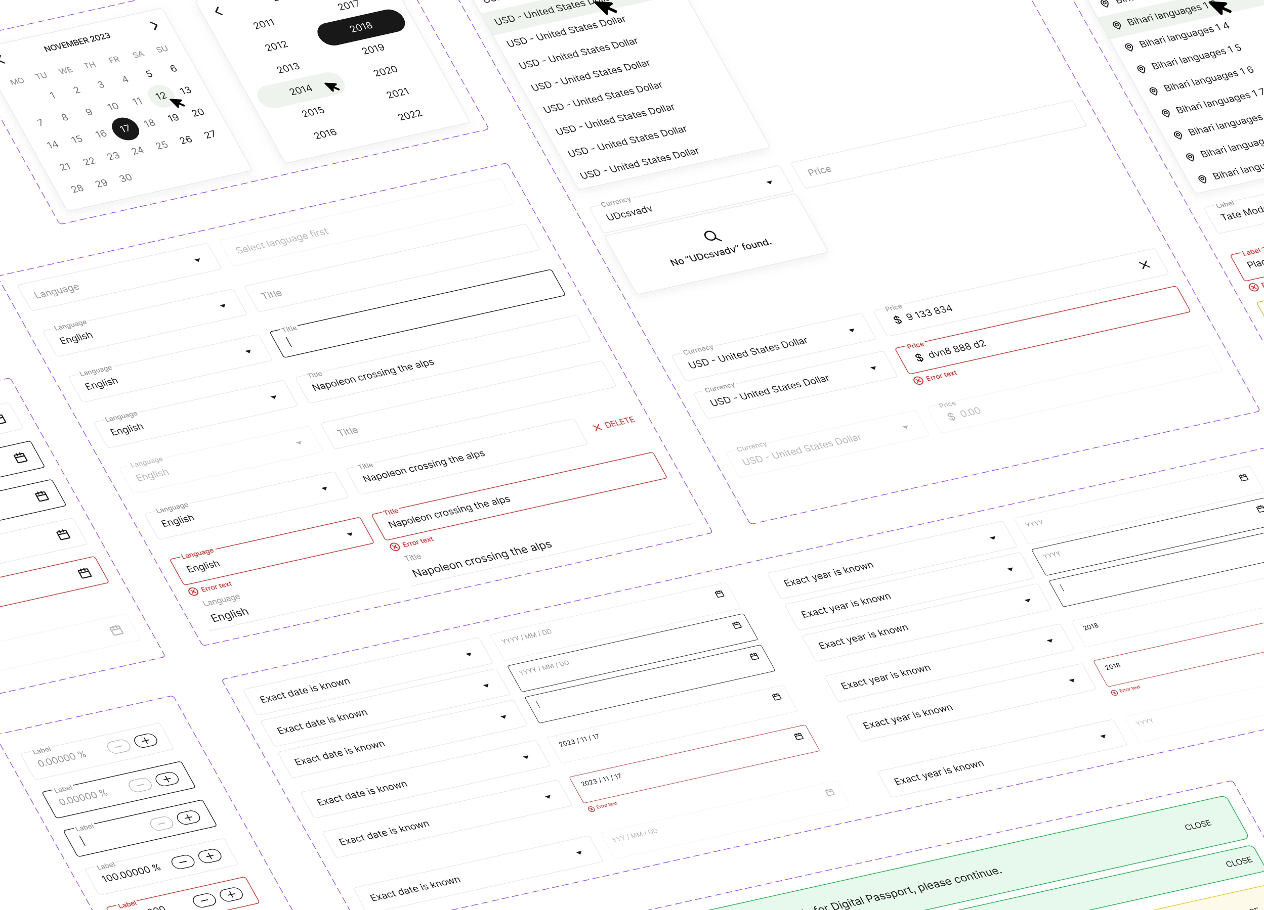 Component sheet with form fields, selects, date pickers and validation states