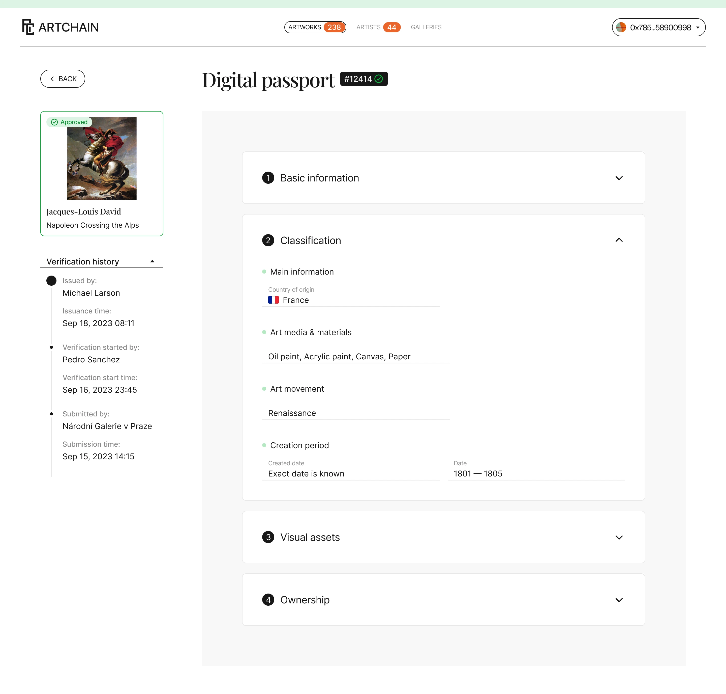 Digital passport of an artwork with provenance and verification history