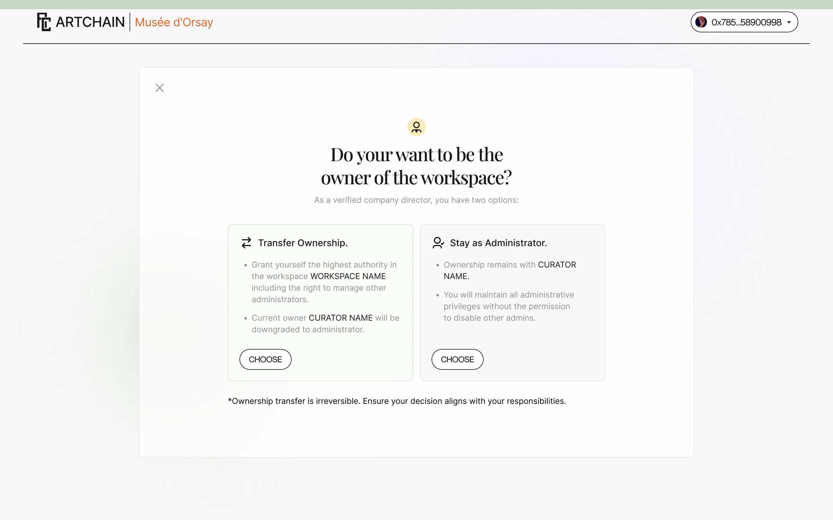 Transfer ownership confirmation warning that the step is irreversible